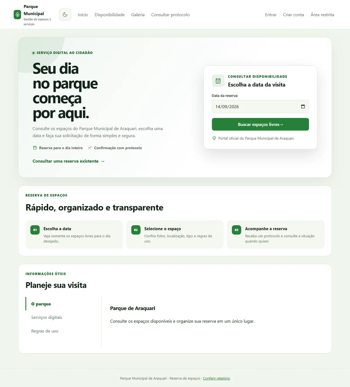 Tela inicial do Portal do Parque Municipal de Araquari